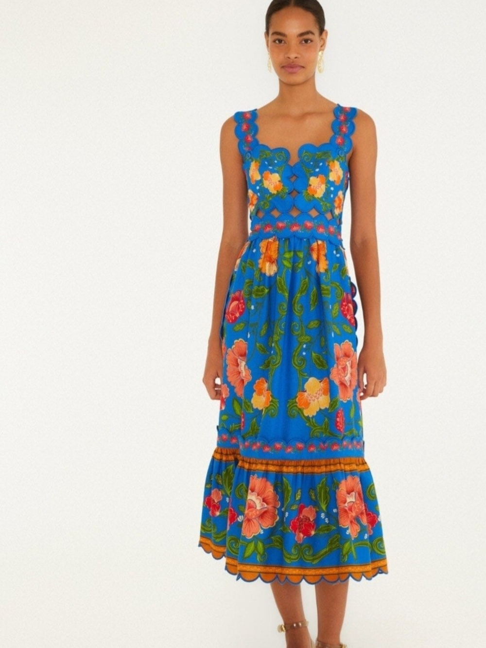 FARM Rio Bold Blue Floral Midi Dress with Orange & Pink Blooms